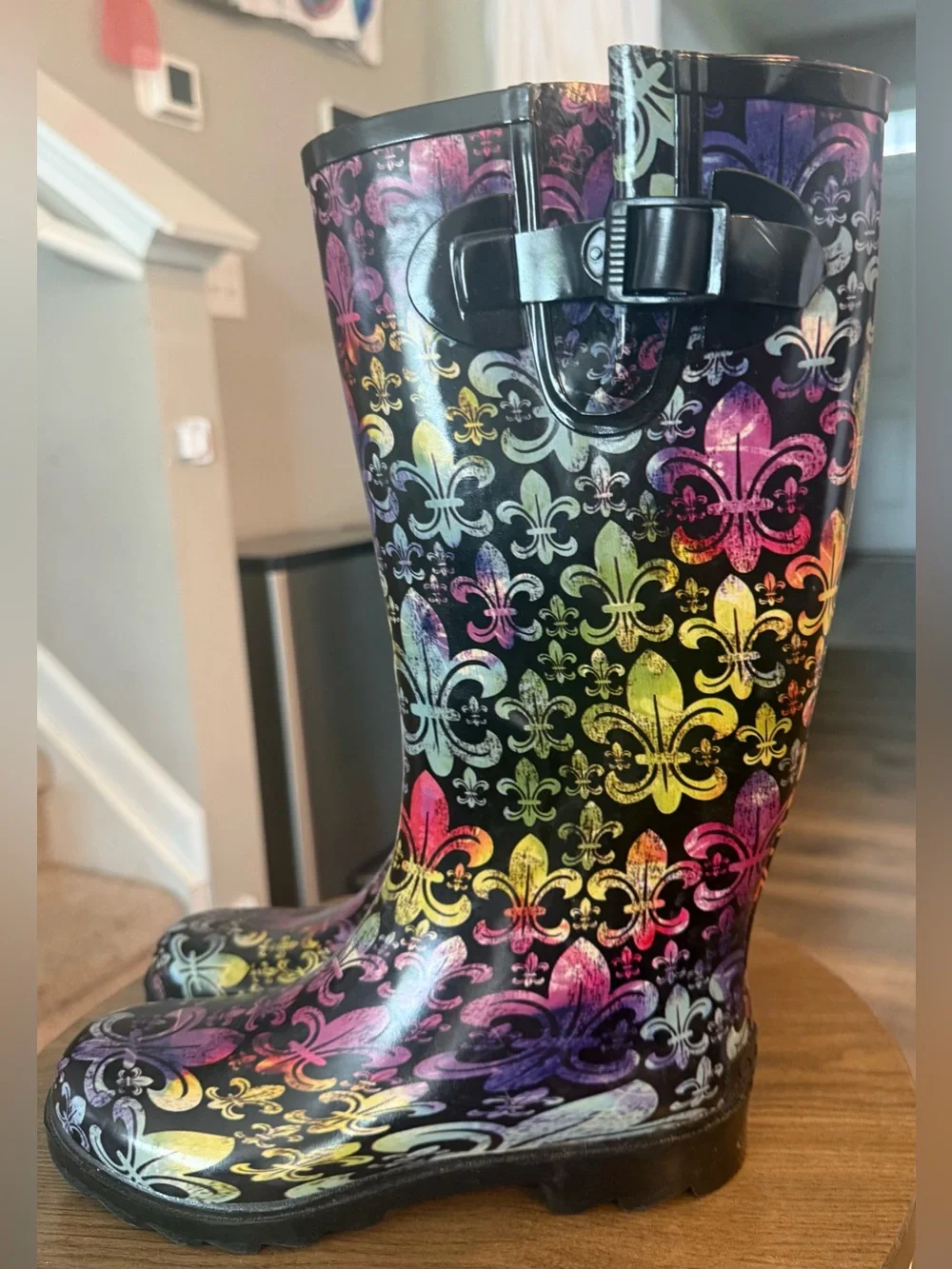 Women's Multicolor Fleur-de-Lis Rain Boots - Black Base